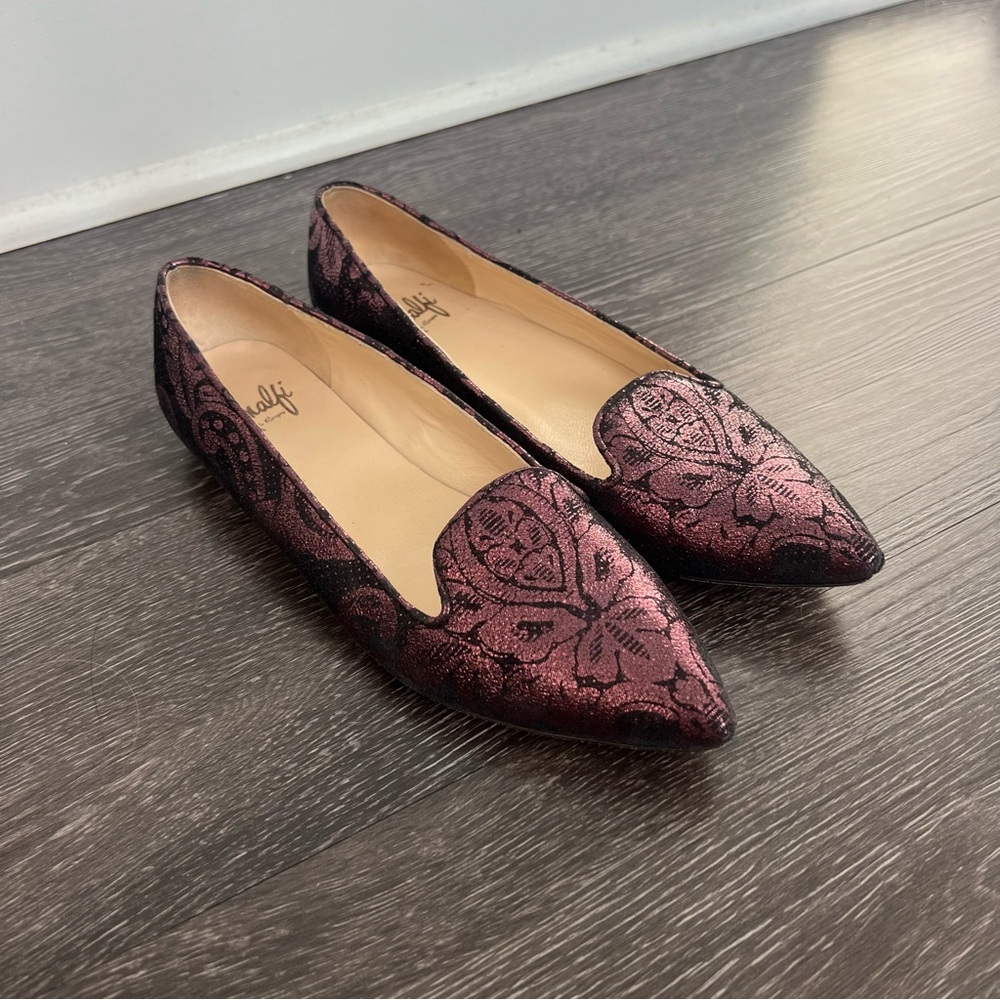 Amalfi by Rangoni Pointed-Toe Dress Loafers with Metallic Burgundy Jacquard
